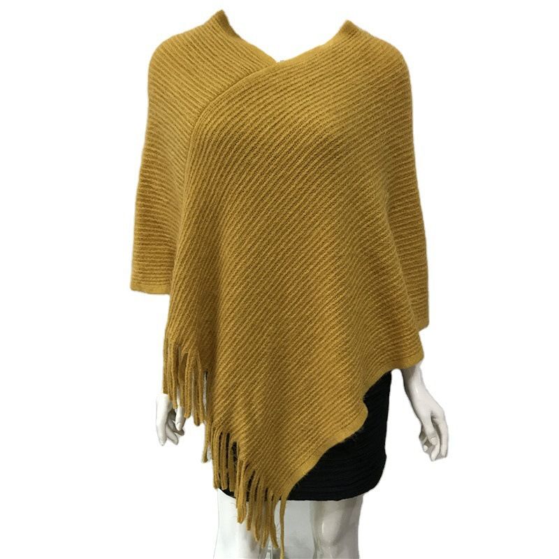 2022 New Spring/Summer/Autumn/Winter 5cm Plush Yarn Cloak Shawl Mohawk V-neck Pullover Tassel Coat_voghion.com