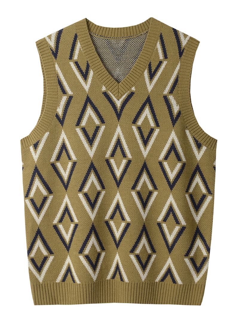 Men's V-neck Knitted Sweater Tank Top With Diamond Square Pattern Sleeveless Hoodie Knitted Top_voghion.com