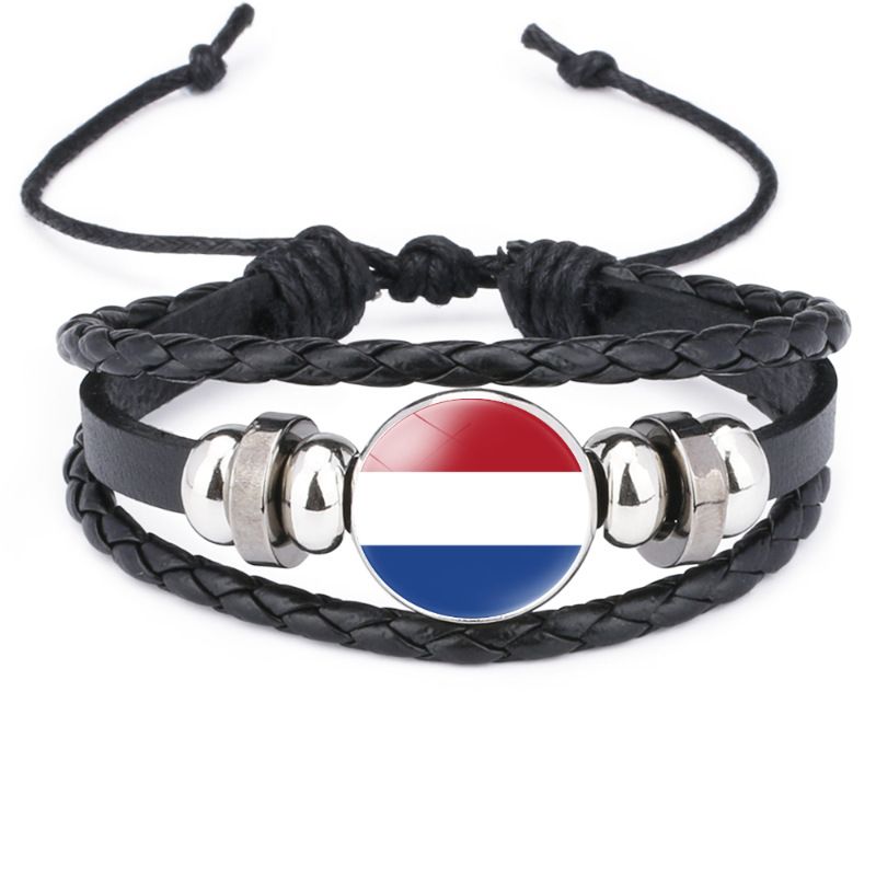 New Men's Women's Bracelet Netherlands Flag Pattern Black Cowhide Bracelet, Adjustable Retractable Bracelet_voghion.com