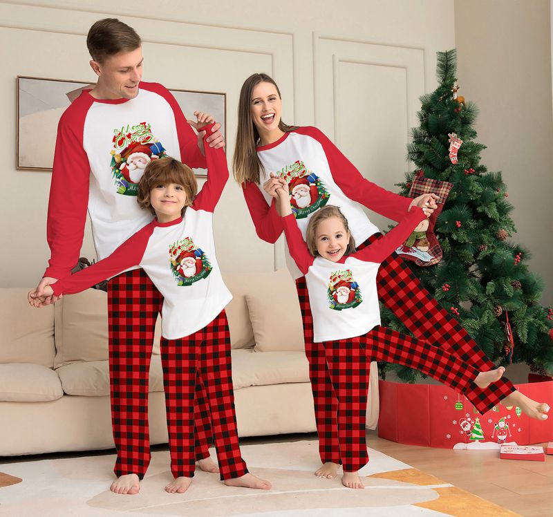 Christmas family pajamas home wear cartoon plaid print long sleeve holiday set_voghion.com