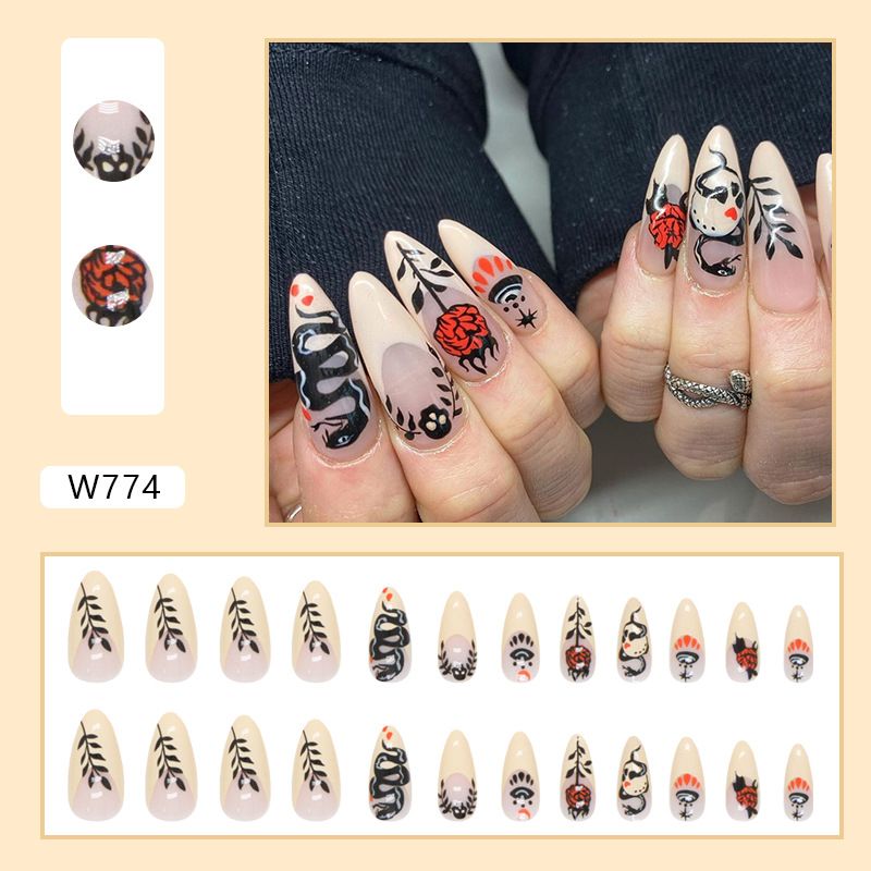 Dark Plate Snake Rose Nail Black Almond Nail Sweet Cool Fashion European And American Nail Finished Nail Wholesale 24 Pieces_voghion.com