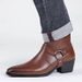 Men's Leather Chunky Heel Dress Boots with Belt Buckle Fashion Classic Cap Toe Side Zipper Block High Heels High Top Formal Oxford Shoes_voghion.com