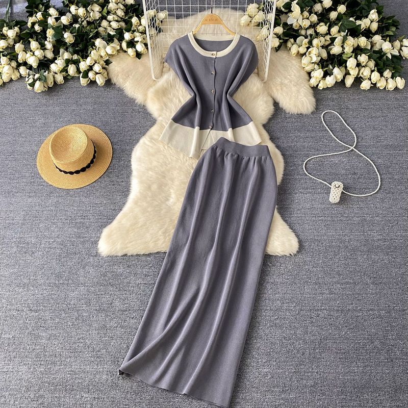 Damen Design Kontrastfarbe Kurzarm Strickjacke Top + Hohe Taille Schmaler Langer Rock Sommer Zweiteiliges Set_voghion.com