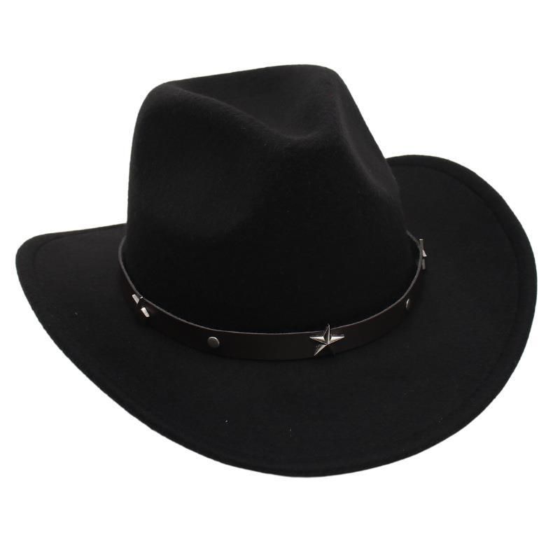 Selected New Five Pointed Star Belt Decoration Fashionable Men's and Women's Woolen Wool Flat Top Top Hat Flat Brim French Hat_voghion.com