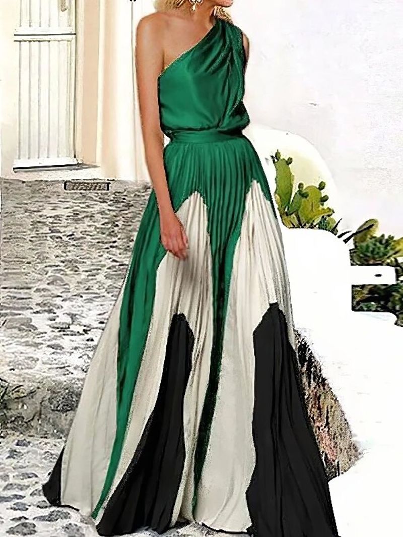 Freeacy New Female Printed Elegant Chic A line Plis Party Dress Summer One Shoulder Baloul de absolvire Seara Maxi Rochii_voghion.com