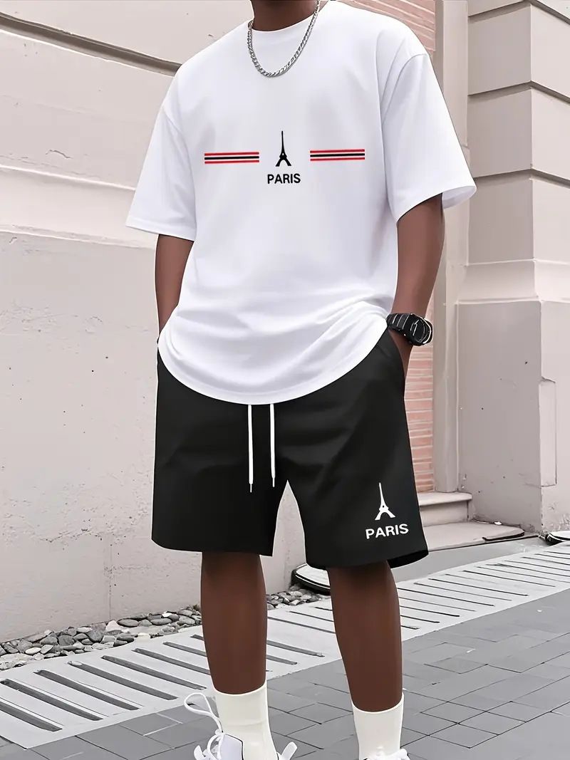 „Sportbekleidungsset mit 2D-Print für den Sommer für Herren – Atmungsaktives Kurzarm-T-Shirt und Shorts mit lockerer Passform für Freizeit- und Aktivkleidung“_voghion.com