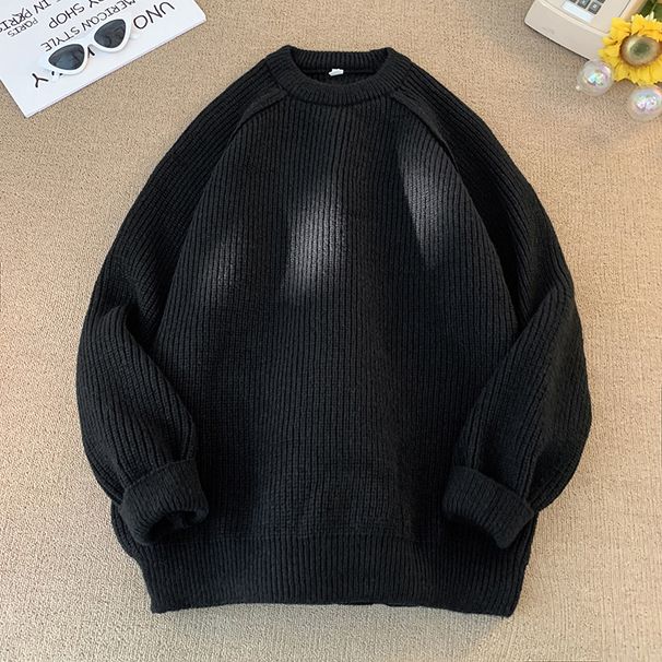 Unisex Oversized Knit Sweater With 3D Shoulder Line – Soft Loose Fit Pullover, Minimalist Solid Color Top For Winter (Black/Tan/Light Grey)_voghion.com