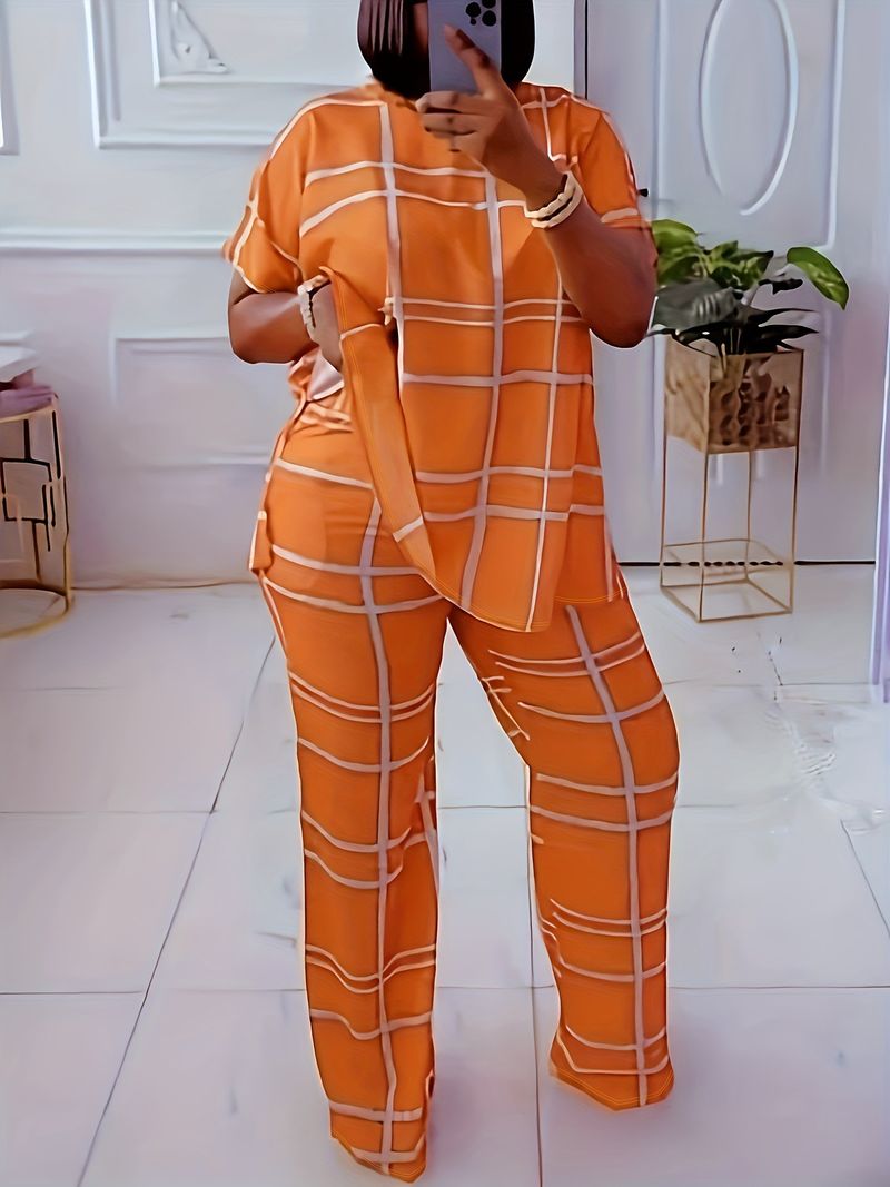 element printed V-neck casual large size two-piece set_voghion.com