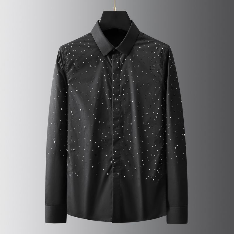 Men's Clothing New fashion high end star studded hot diamond shirt for men long sleeved slim casual bottoming top nightclub men's wear_voghion.com