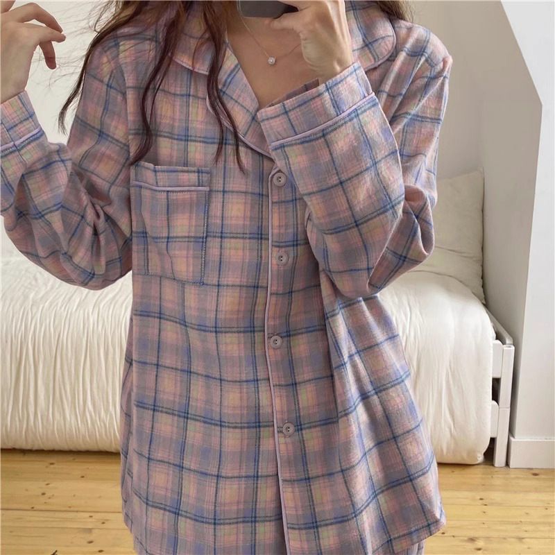 Women's Sleepwears simple plaid long sleeved trousers two piece pajamas autumn girls can go out home clothes set real shot_voghion.com