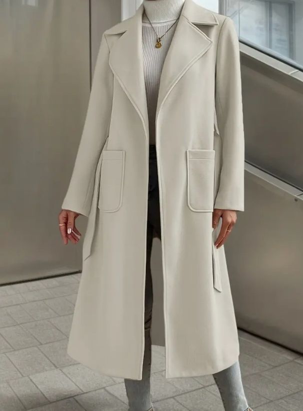 Eleganter Mantel in Wolloptik mit Gürtel – Revers, Slim Fit, lang (S-XXL, Creme)_voghion.com
