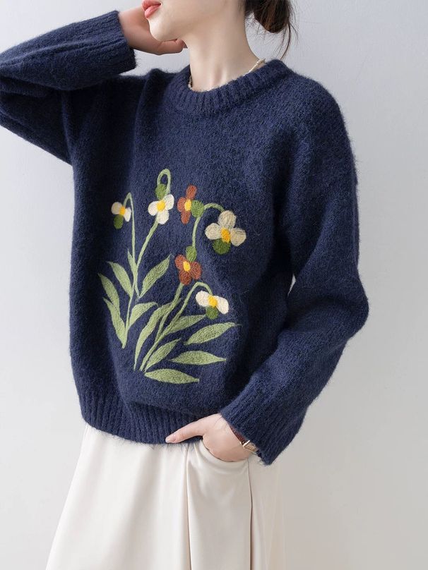 Damen-Strickpullover mit Blumenmuster und Jacquardmuster – Übergroßer, dicker, kurzer Pullover mit geripptem Saum, gemütliches Lagenstück für den Herbst (Einheitsgröße, Creme/Burgunderrot/Marineblau)_voghion.com