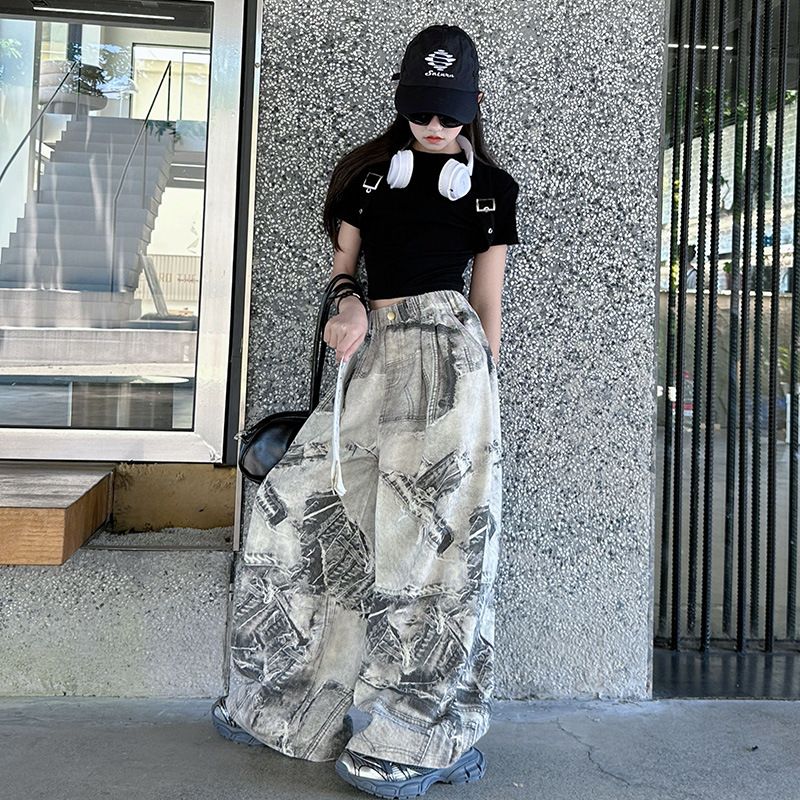 Mother & Kids Girls Summer Suit 2025 New Fashion Medium And Large Children's Niche Design Buttoned Short Sleeve Fashionable Tie Dye Jeans_voghion.com