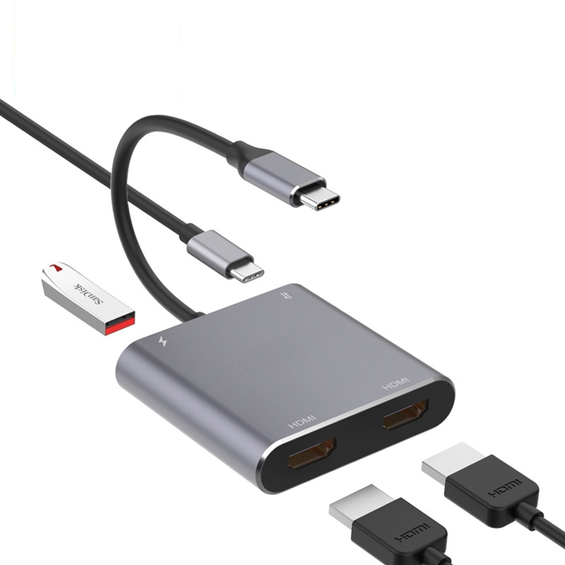 4 in 1 Type-C to Dual HDMI + USB + Type-C HUB Adapter_voghion.com