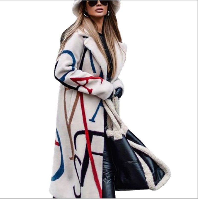 Autumn and winter new women's loose large size printed windbreaker lapel coat jacket for women_voghion.com