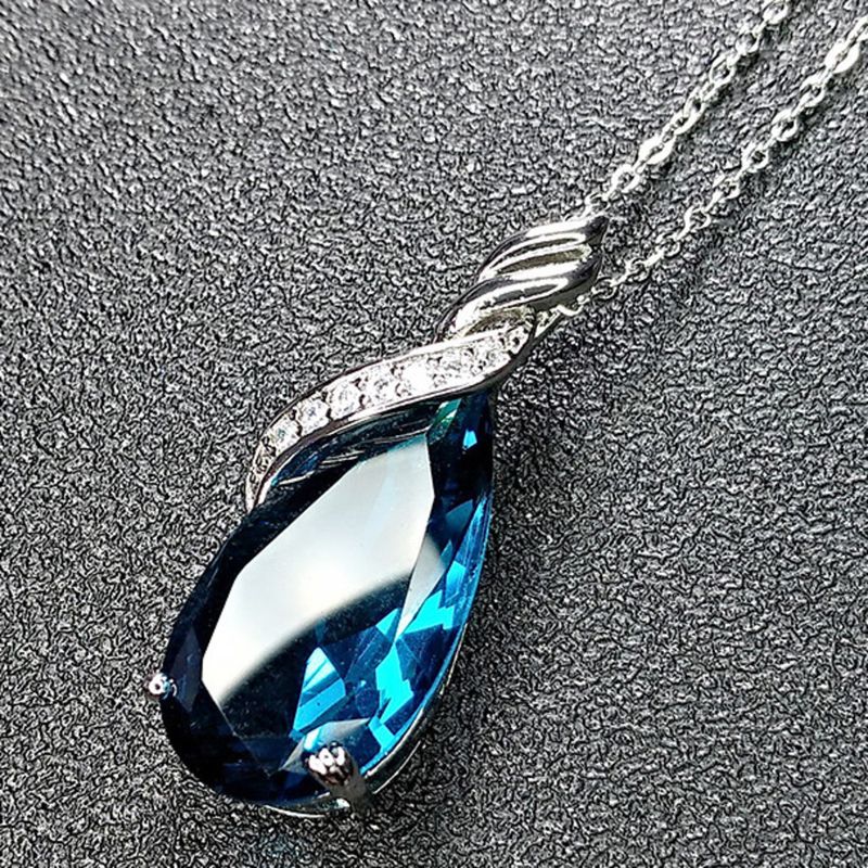Topaz Blue Necklace With Green Crystal Drop Pendant For Women_voghion.com