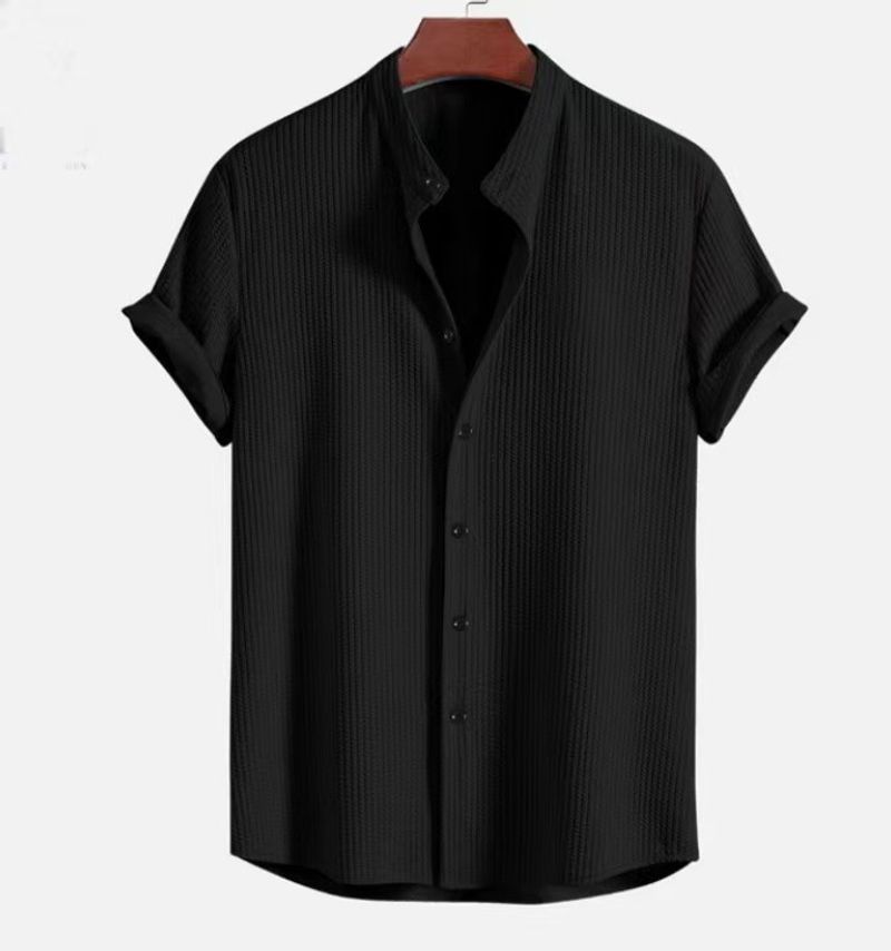 Men's Clothing Beach Shirt Short Sleeve Casual Solid Color Jacquard Shirt_voghion.com
