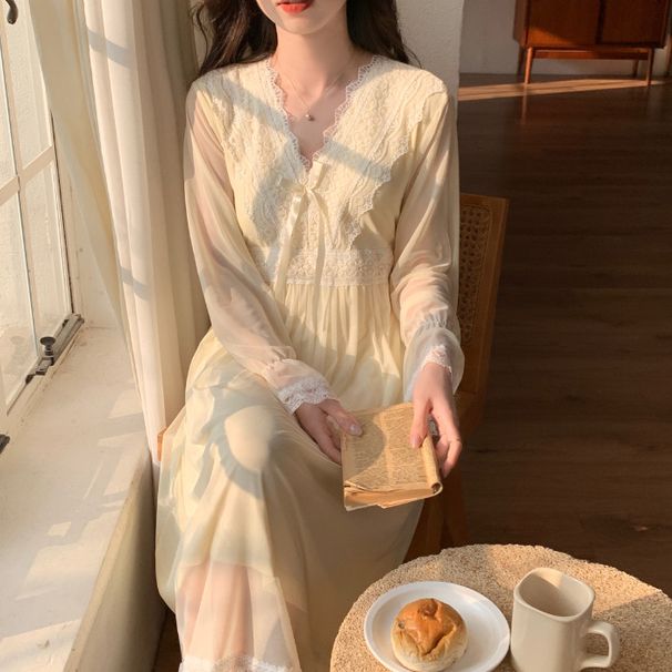 Ny palatskvinnor, fransk nätärmad lång kjol med bröstkudde, prinsessliknande nattlinne för vår och höst_voghion.com