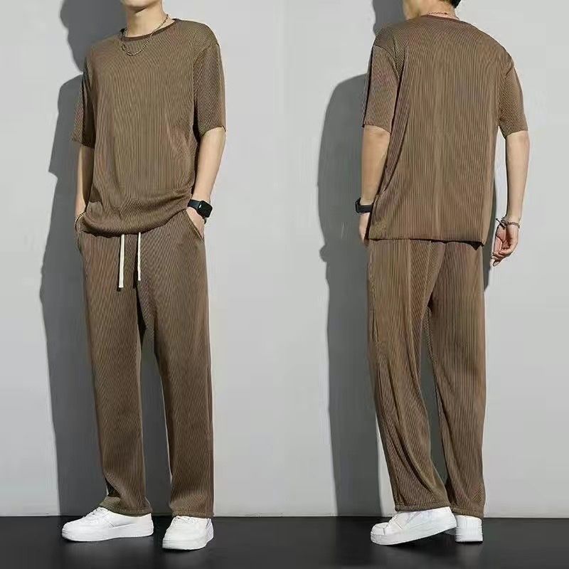 Ice silk sports suit men's summer thin casual long pants short sleeved shirt quick drying drape clothes set trendy_voghion.com