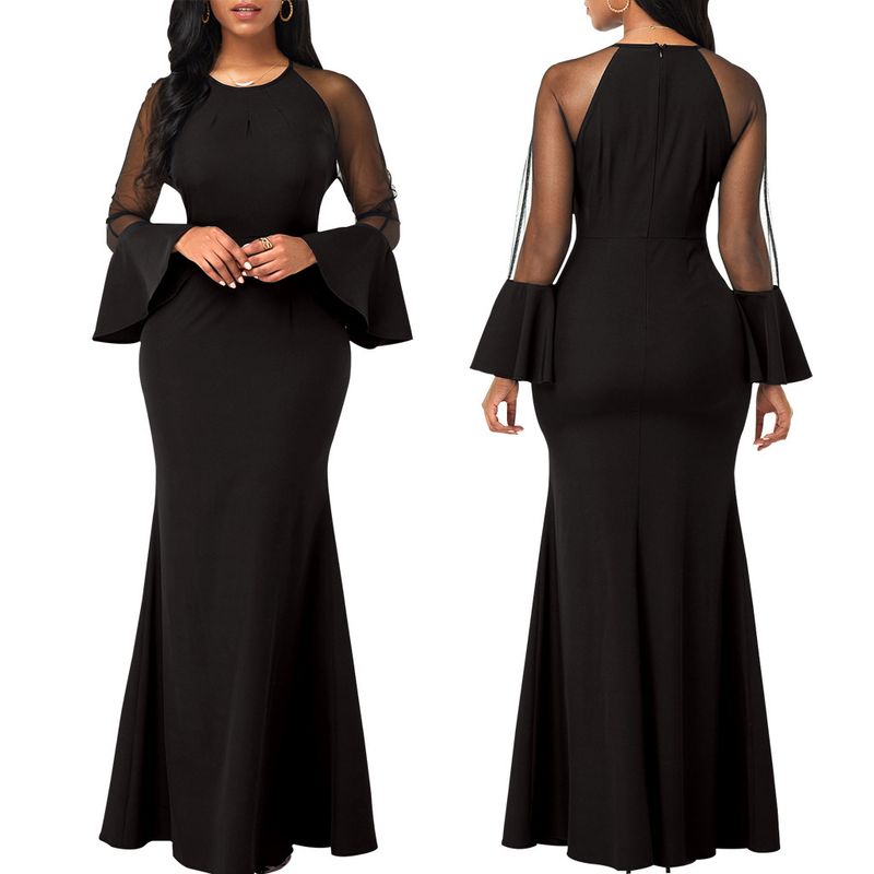 Women's temperament round neck solid color mesh long sleeve stretch slim dress_voghion.com