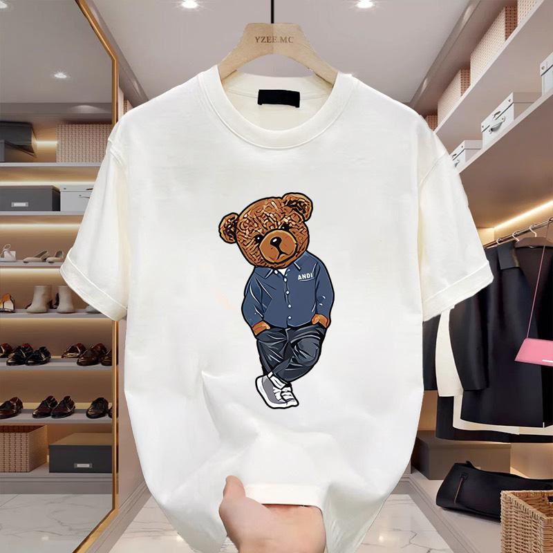 European Autumn Summer New Bear Print Pure Cotton Short Sleeved Trendy Versatile, Personalized, Youthful And Fashionable_voghion.com
