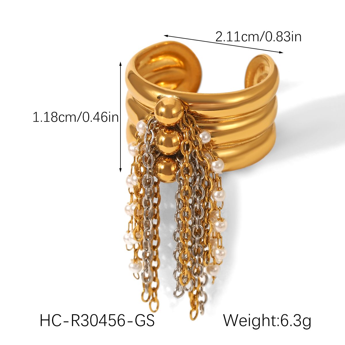 Breiter offener Ring mit Perlenkette und Fransen für Frauen, vergoldeter Edelstahlring, Modeschmuck, Accessoires, Geschenk_voghion.com