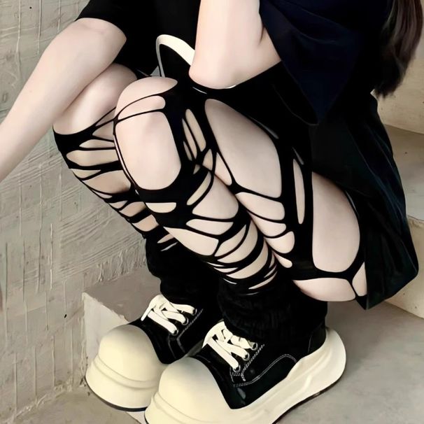 Calze trasparenti per donna, sottili anti-inceppamento in stile punk gotico, che controllano la pelle, sottocultura delle ragazze hot, base nera strappata_voghion.com