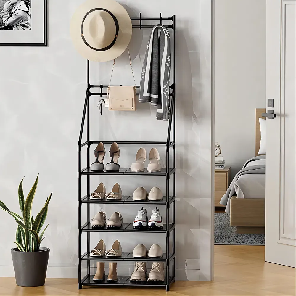 5-Tier Shoe Rack Shoe Storage For Entryway,Narrow Shoe Rack,Coat And Shoe Rack With 8 Hooks_voghion.com