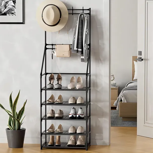 5-Tier Shoe Rack Shoe Storage For Entryway,Narrow Shoe Rack,Coat And Shoe Rack With 8 Hooks_voghion.com