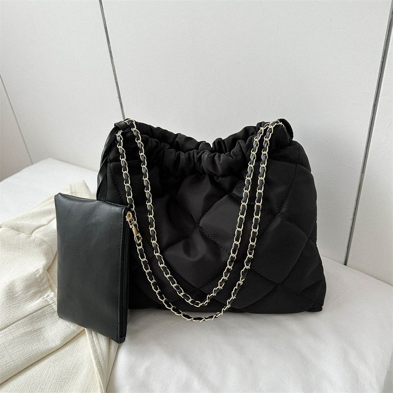 2 pezzi trapuntato plissettato tracolla per le donne spalla imbottita design tote inverno secchiello casual borse catena shopper bag_voghion.com