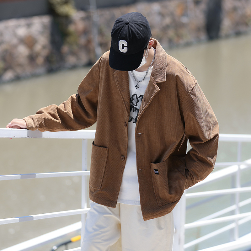American retro suit jacket with corduroy design, loose and casual spring and autumn men's suit, trendy and handsome top_voghion.com