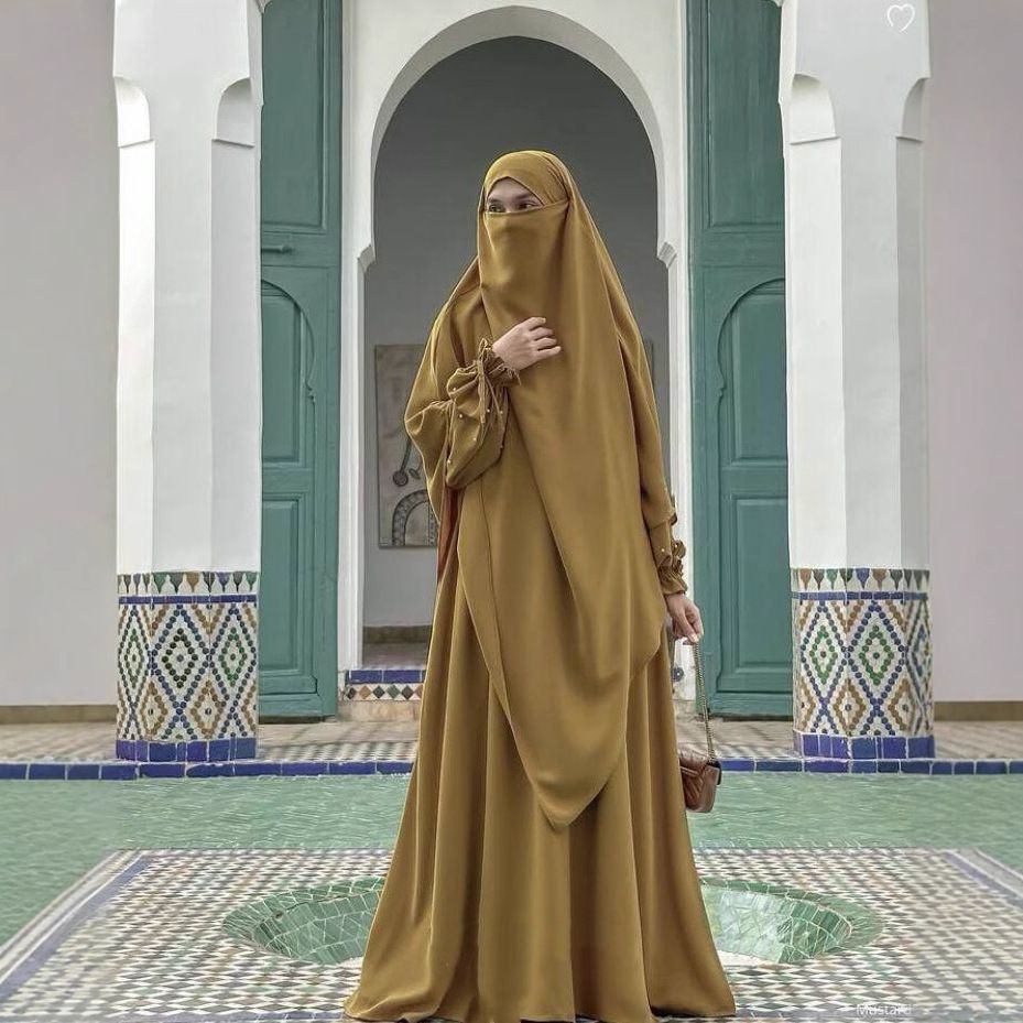 Dameskleding Robe Parelmouwen Jurk Tweedelig Lange Hoofddoek_voghion.com