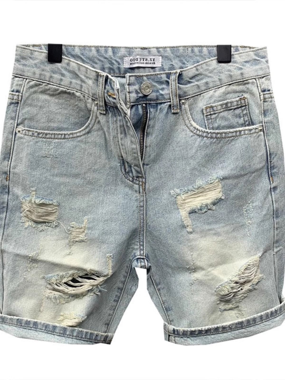 Shorts jeans rasgados de verão 2024, com estampa de bigodes de gato na lateral e patchwork. Estilo moderno e marcante._voghion.com
