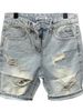 Shorts jeans rasgados de verão 2024, com estampa de bigodes de gato na lateral e patchwork. Estilo moderno e marcante._voghion.com