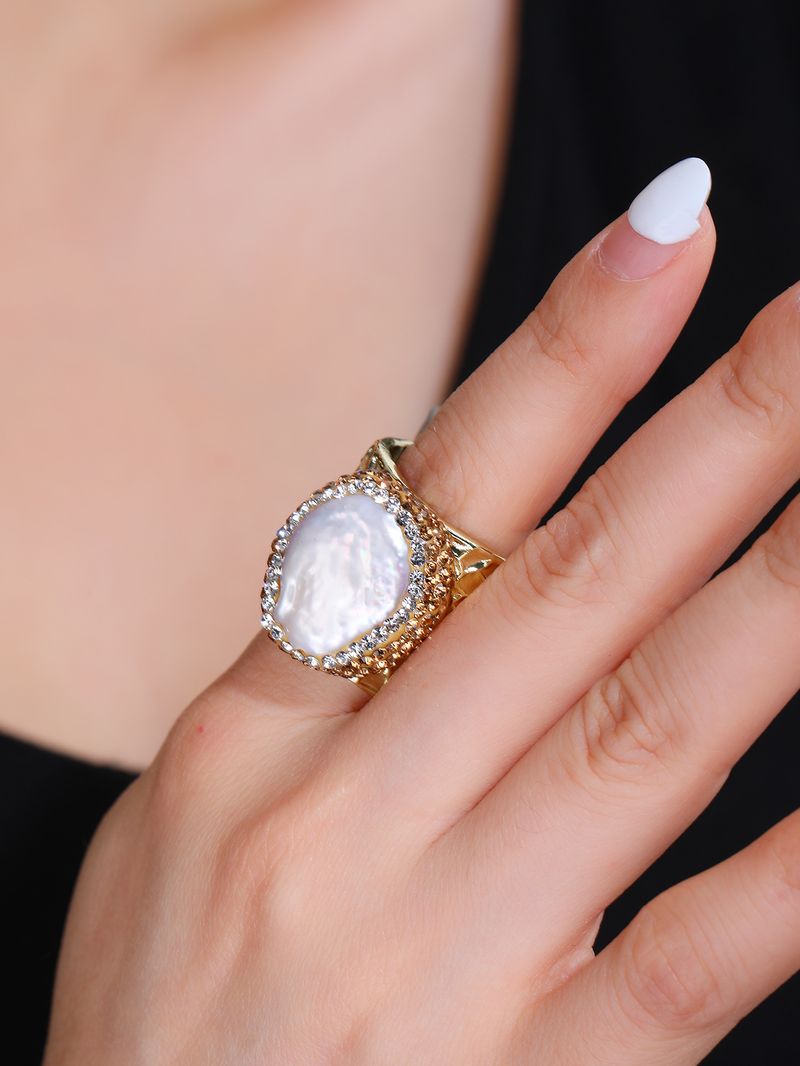 Modischer natürlicher Barockknopfperlen-Ring mit unregelmäßig eingelegten Diamanten, offen, verstellbar, Gold_voghion.com
