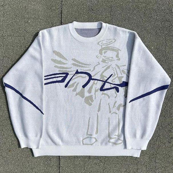 New autumn winter cartoon print hip-hop round neck pullover knitted sweater with personalized versatile long sleeved_voghion.com