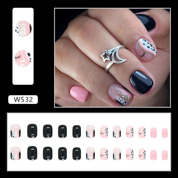 Kratki kvadratni jednobojni ukras za nokte, crno-bijele točkaste trepavice, umjetni nokti, nosivi komad nokta, gotovi odvojivi komad nokta_voghion.com