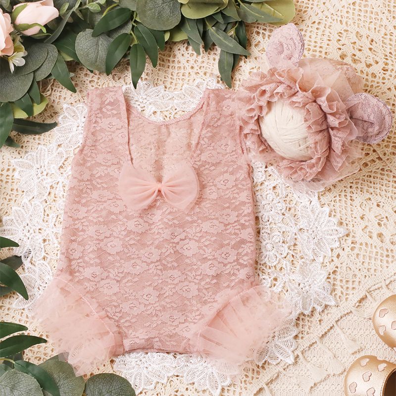 Ylsteed 2-teiliges Set für Neugeborene, Fotoshooting, Spitzen-Strampler mit Ohrenmütze, staubiges Rosa, Baby-Mädchen-Fotografie-Kleidung_voghion.com
