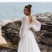 Elegant V-Neck Long Sleeve Chiffon Wedding Dress With Small Train – Boho Beach Bridal Gown For Photoshoot, Flattering High Waist(US2-26W, Ivory/White)_voghion.com