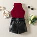 Summer Girls' Standing Neck Pit Striped Sleeveless Top PU Leather Shorts Set_voghion.com