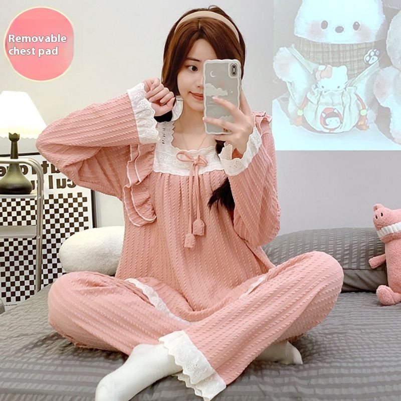 Princess style white pajamas for women in spring and autumn, pure cotton long sleeved pants, plus size 200 pounds,_voghion.com
