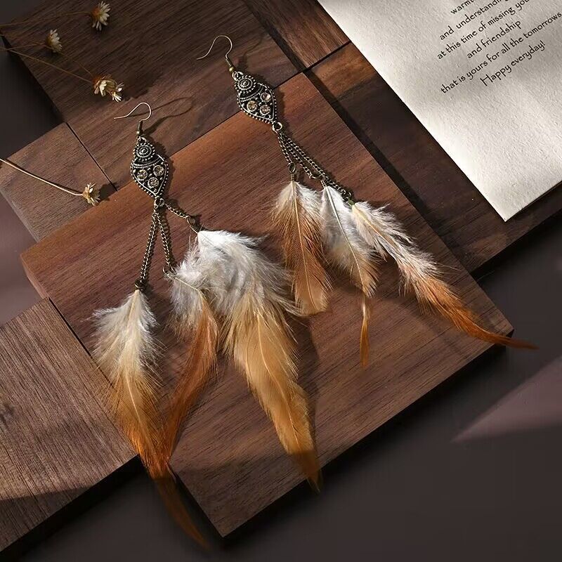 New Long Chain Feather Earrings Ethnic Style Feather Earrings 2024 Scenic Area Seaside Photo Earrings_voghion.com