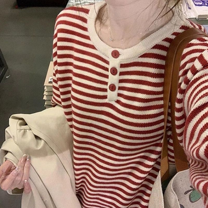 Maglione lavorato a maglia a girocollo a righe di design coreano per le donne all'inizio dell'autunno 2024, nuovo stile college di nicchia vestibilità ampia_voghion.com
