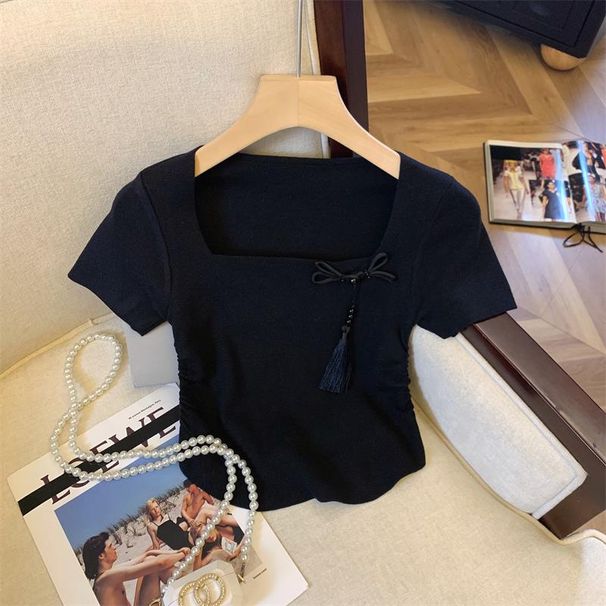 Knitted shoulder square neck sleeved T-shirt for women in summer, with pleated waist and a new light Chinese style short_voghion.com