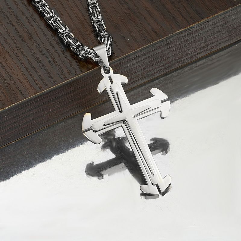 Collana da uomo in acciaio inossidabile al titanio con catena cubana a tre strati e ciondolo in argento dorato con croce_voghion.com