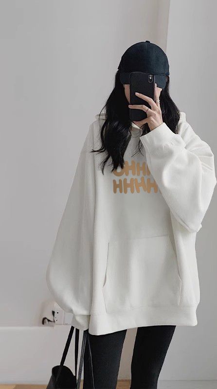Black Hooded Sweatshirt For Women, Autumn Winter 2025 New Loose Fit Plus Size Long Sleeve Top, Fleece Lined Thickened_voghion.com