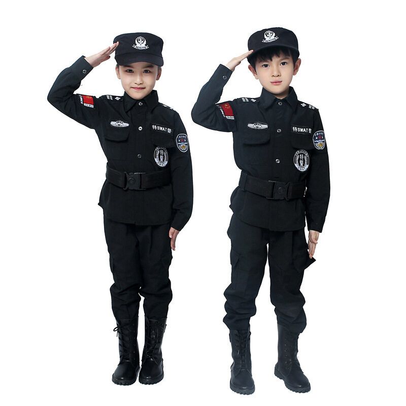 Congme 6-teiliges Kostümset für Kinder, Polizeiuniform mit langen/kurzen Ärmeln für Jungen und Mädchen, Mantel, Hose, Mütze, Gürtel,_voghion.com