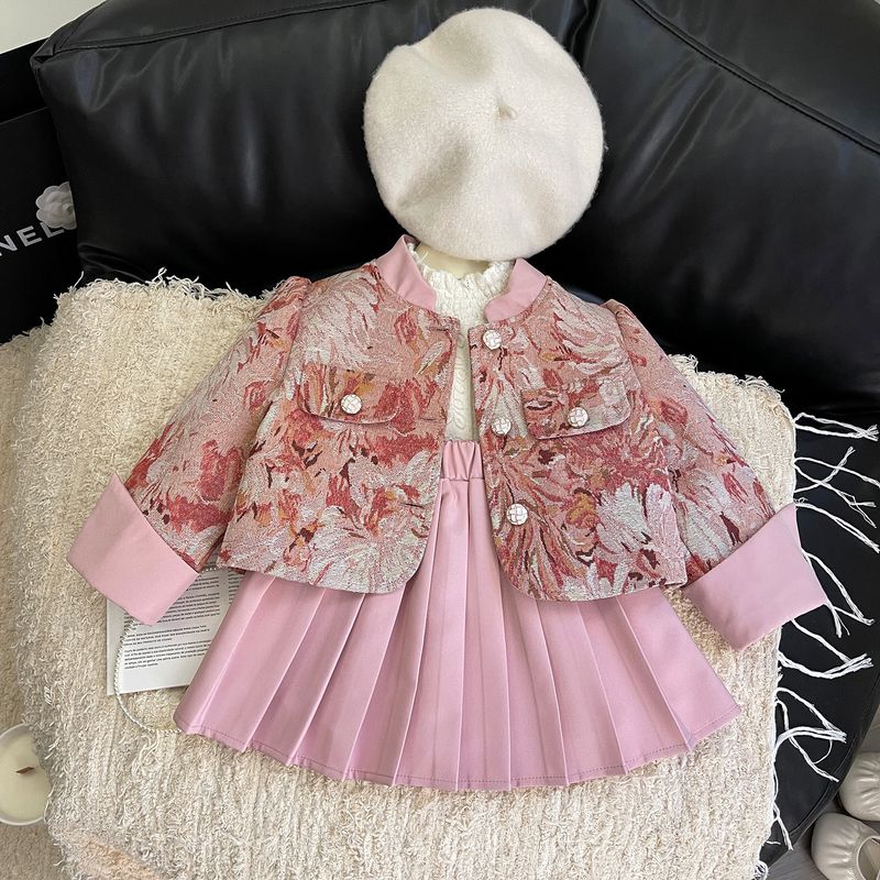Conjunto de falda plisada para niña coreana nueva de otoño 2023, conjunto de temperamento de estilo pequeño y fragante de tweed grueso para bebé 23501_voghion.com
