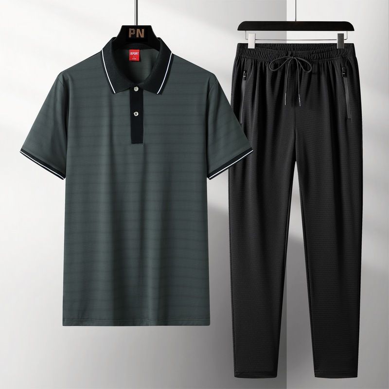 Herren Kurzarm T-Shirt Lässiger Sportanzug Ice Silk Revers Poloshirt Top Und Hose_voghion.com