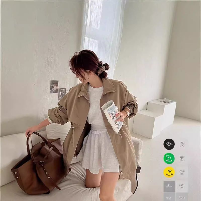 673 South Autumn New Kordelzug Jacke Mittellang bis lang Schlanke koreanische vielseitige Casual Damen Windjacke_voghion.com